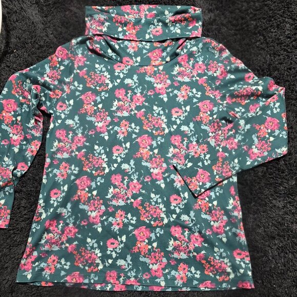 LL Bean Womens Cowl Neck Floral Top Size M Petite Green Pink Supima Cotton - Picture 1 of 11